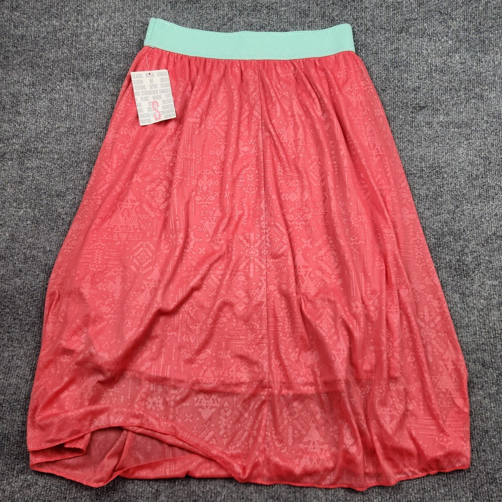 LuLaRoe Lola Skirt Small Coral Pink Geometric‎ Mesh High Low Mint Waistband NWT